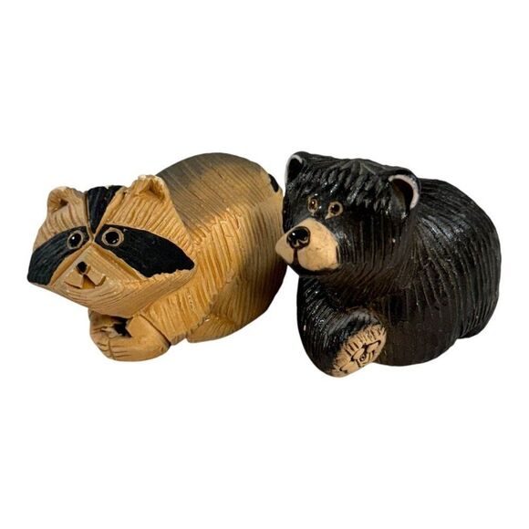 Artesiania Rinconada De Rosa Handcrafted Bear & Raccoon Wooden Figurines Set Lot - Picture 1 of 7